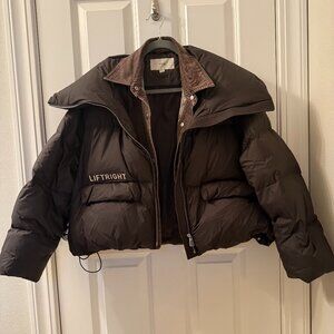 Brown Oversized Puffer Jacket with Corduroy Collar – “LIFTRIGHT” Embroidery